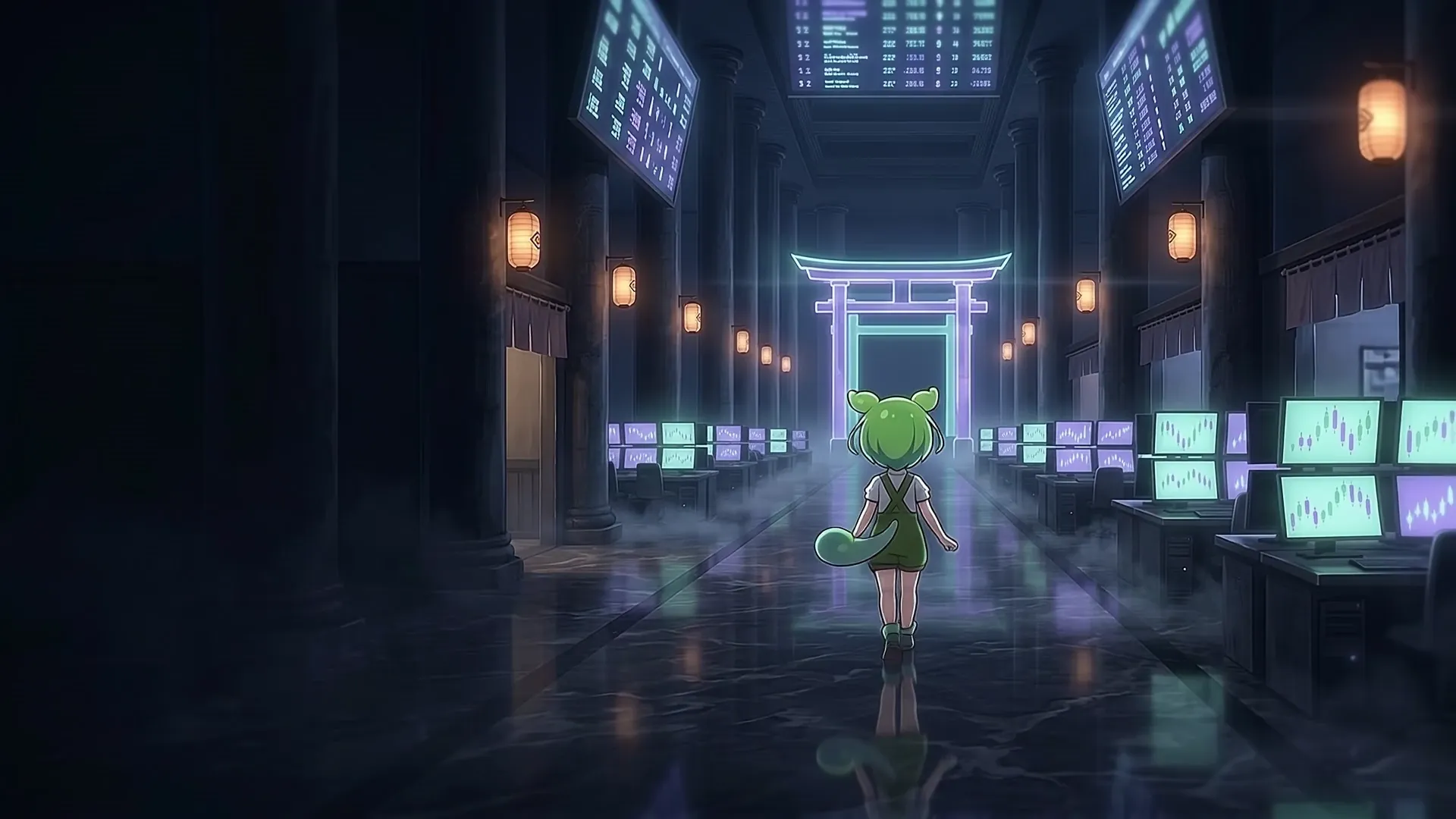 Zundamon walking into a neon trading floor